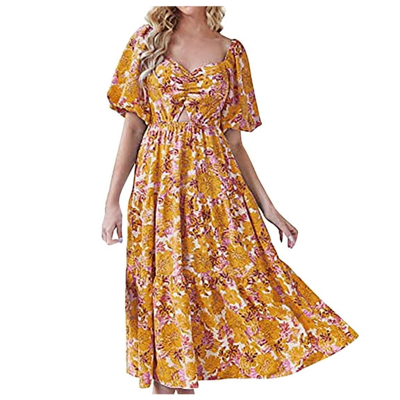 JGTDBPO Summer Dresses For Women 2023 Fashion Round Neck Short Sleeve Smocked Back Boho Floral Long Maxi Dress Swing Beach Dress Ankle Length Sun Beach Dresses
