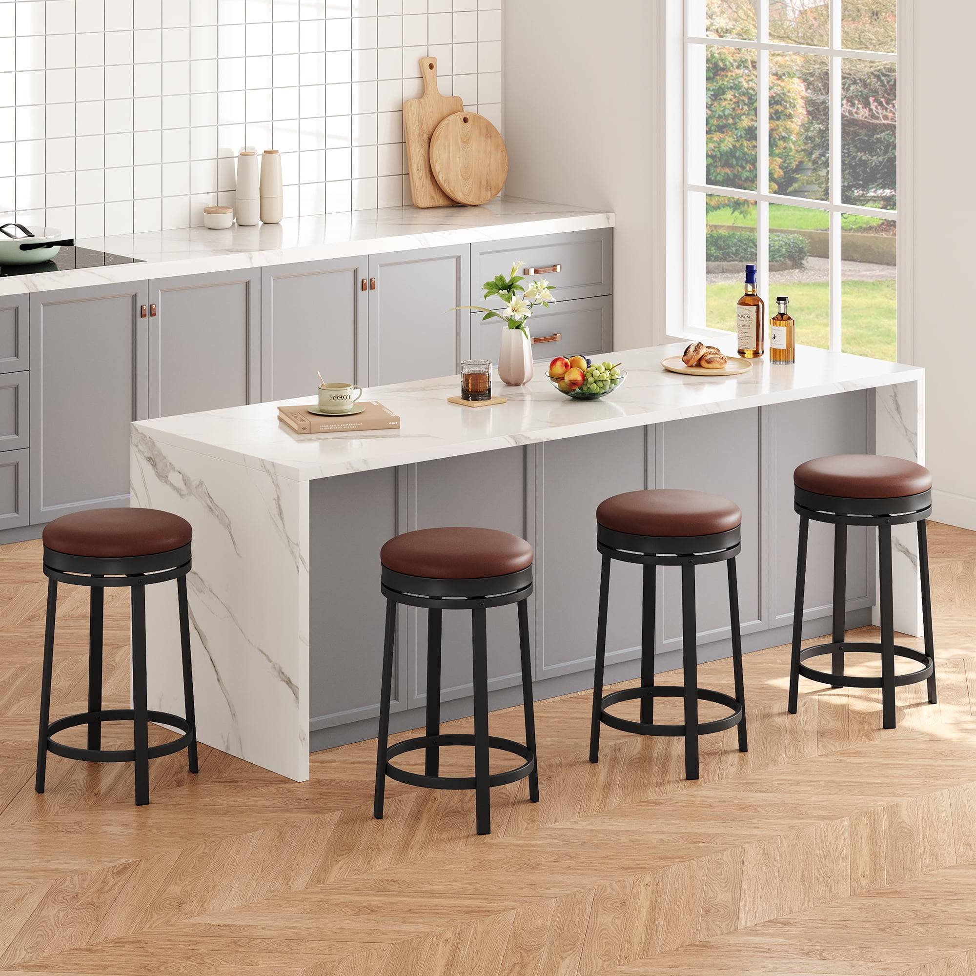 Bar Stools Set of 2, 24" Modern Swivel Barstools with Footrest, Modern Counter Height Barstools with PU Leather Upholstered and Metal Frame, for Kitchen Island, Dining Room, Home Bar