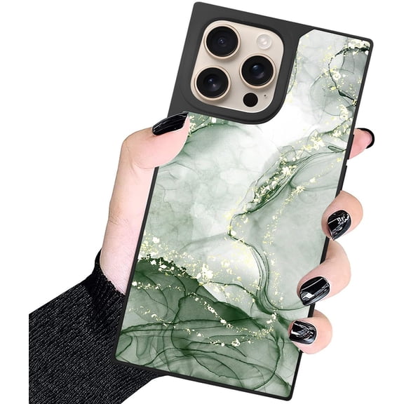 Rectangle Case for iPhone 16 Pro Case, Green Gold Marble Case for iPhone 16 Pro Design for Men Boys [Anti-Scratch] Non-Slip Shockproof Rugged TPU Protective Case