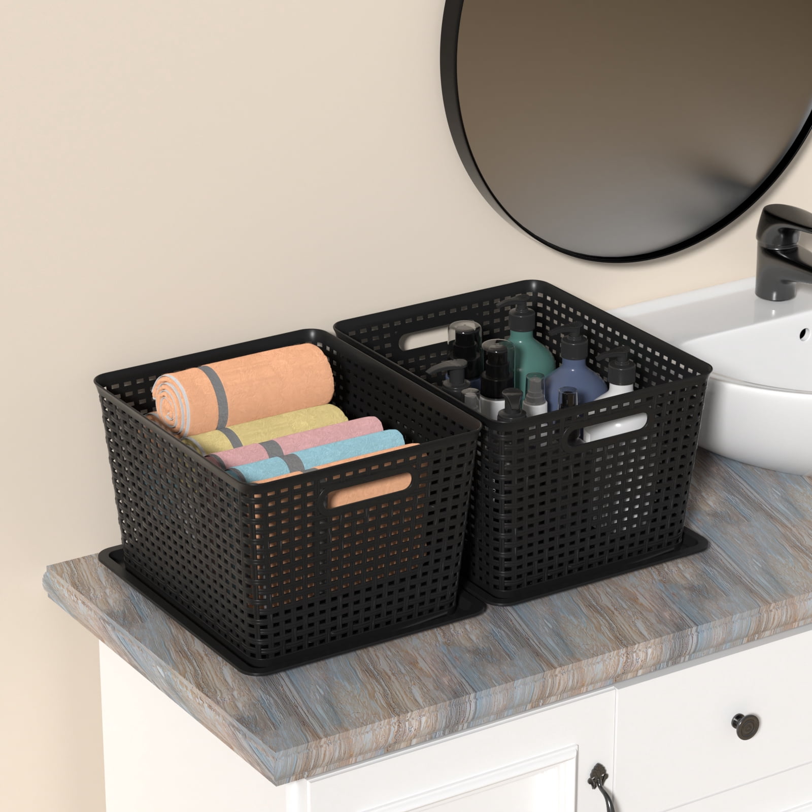 Anbers Plastic Weave Storage Basket with Lid, Black Organizer Baskets, 6-Pack
