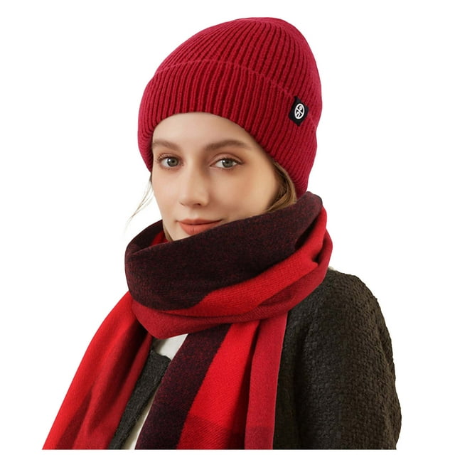 Plaid Scarf Winter Shawl Warm Set Knit Hat Gloves Three Piece Combo for Outdoor Cold Weather
