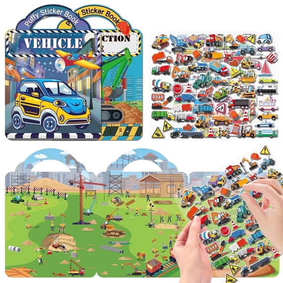 Elfew Puffy Sticker Books for Kids, 3D Reusable and Construction Vehicle Stickers Set, Dual Themes for Non-Boring Fun