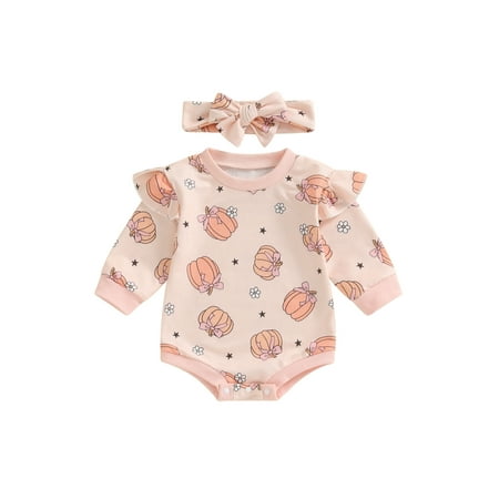 

Woshilaocai Baby Girl Halloween Outfit Bow/Pumpkin Print Romper Hairband
