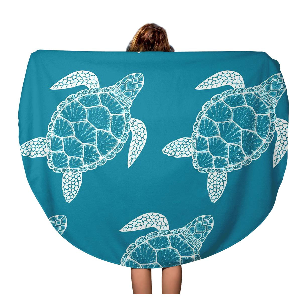 SIDONKU 60 inch Round Beach Towel Blanket Sea Turtle in Line Top View for Coloring Book Travel