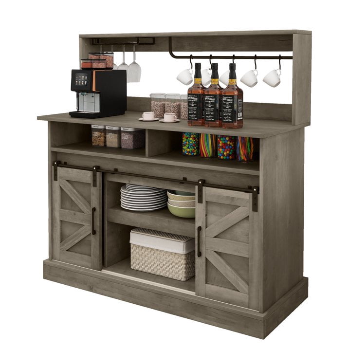 Uforic 52" Farmhouse Wine Cabinet, Sliding Barn Door Sideboard with Power Outlets & Goblet Holder (Gray)