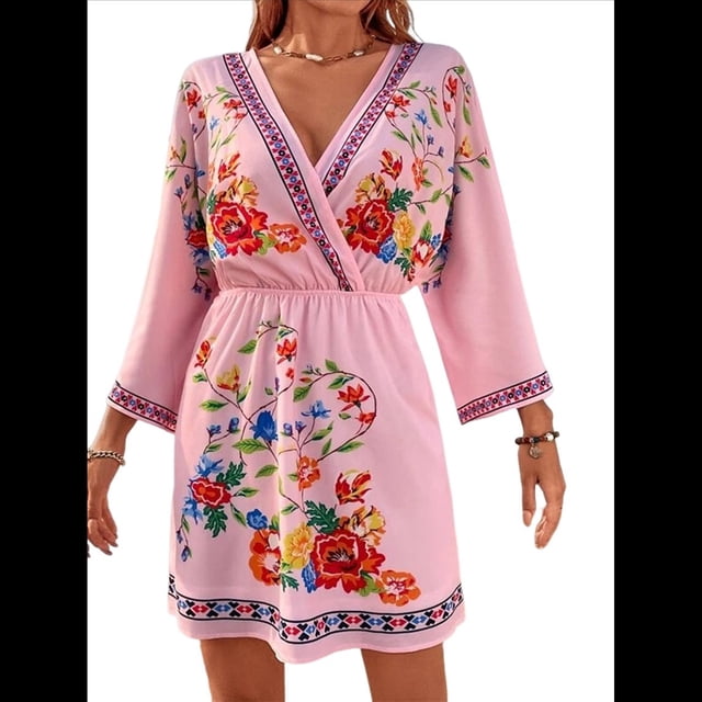 Vestido Mini Informal con Cuello en V, Estampado Floral, Mangas Acampanadas y Cintura Elástica para Mujer. Rosa M