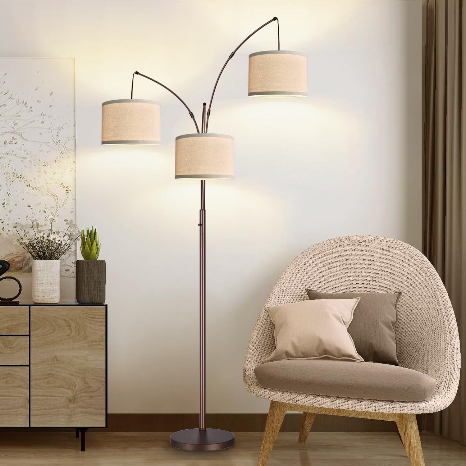 Dimmable Floor Lamp - 3 Lights Arc Lamps For Living Room  1000lm Modern Tall Standing With Beige Shades Mid Century Tree Bedroom Office 3 Led Bulbs Included Brown