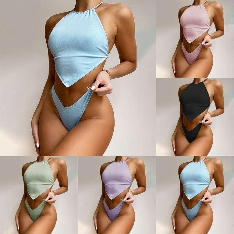 ALSLIAO Sexy Women G-String Underwear Bikini Set Bra Top Thong Lingerie  Swimwear Blue