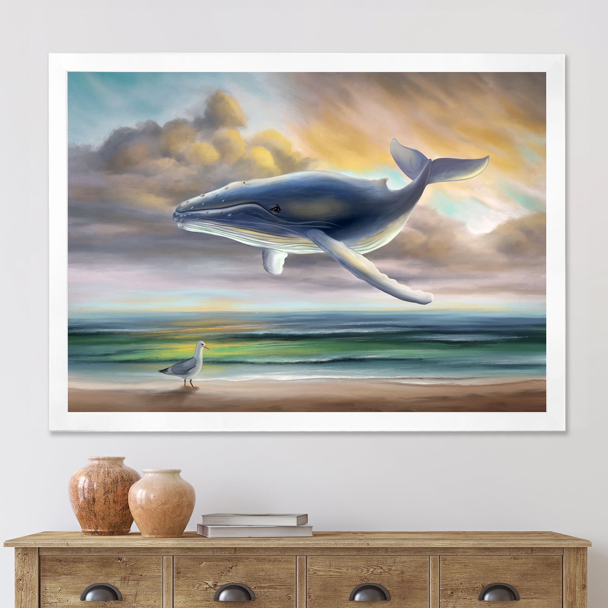 Designart 'Whale Floating In The Sky Over Beach' Children's Art Framed Art Print
