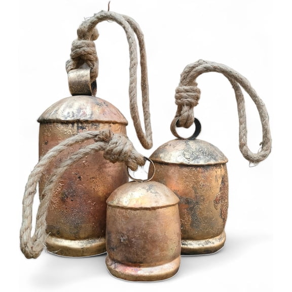 Set of 3 Metal Christmas Bells for Decoration Rustic Brass Large Cow