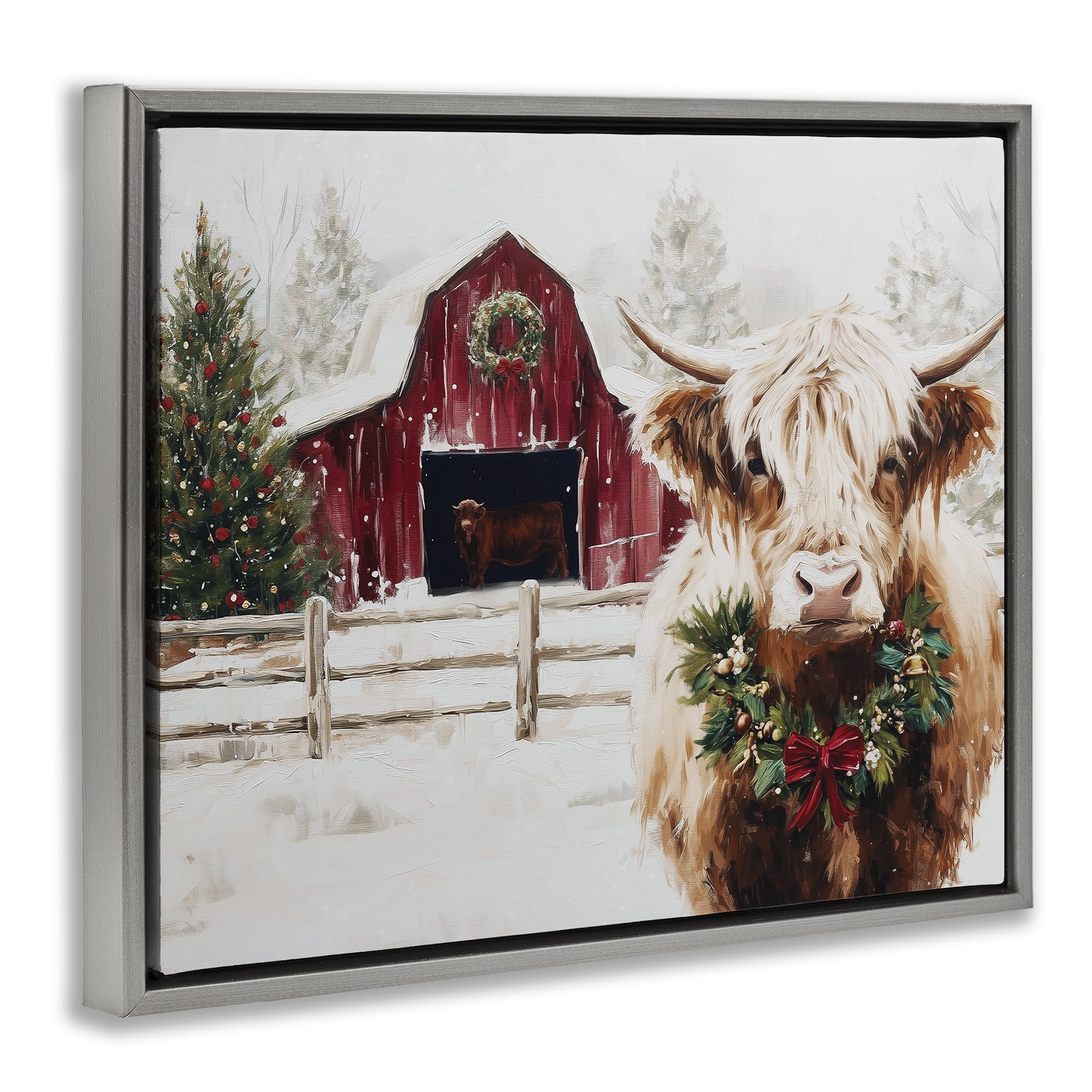 Stupell Industries Snowy Farm Scene Cattle Gray Framed Floater Canvas Wall Art, design by Acorn & Ivory Designs