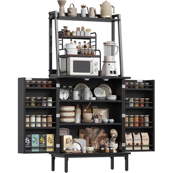 51” Pantry Cabinets with Microwave Shelves, Freestanding Kitchen Pantry Storage Cabinet with Adjustable Shelves, Buffet Cupboards Storage Cabinet for Kitchen, Dining Room, Living Room Use (Black)