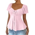 thumbnail image 2 of Lenago Women Tops Tops for Women Womens Toos Ladies' Fashionable Casual Solid Color V-Neck Lace Up Short Sleeved Top Pink M, 2 of 9