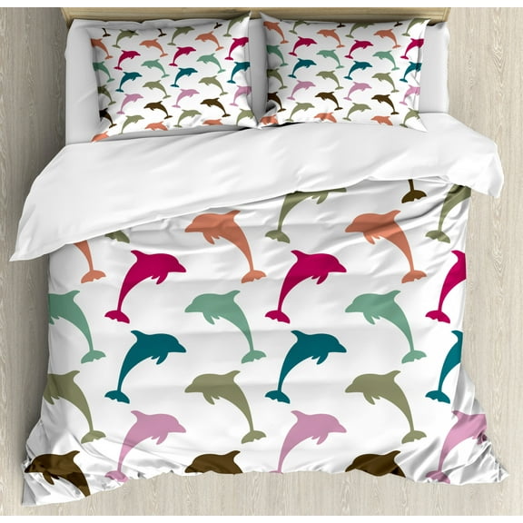 Sea Animals Decor King Size Duvet Cover Set, Colorful Dolphin Figures on White Background Ocean Marine Animal Illustration, Decorative 3 Piece Bedding Set with 2 Pillow Shams, Multi, by Ambesonne