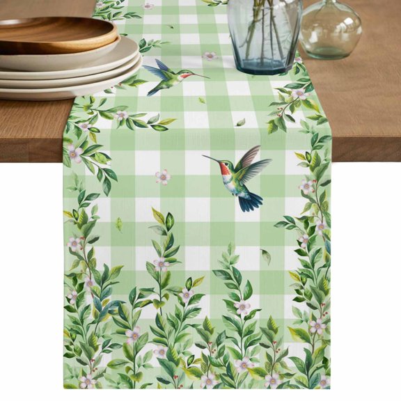 Table Runner 108 Inches Long for Kitchen Dining, Spring Plants Dresser Scarf Farmhouse, Dining Table Decorations for Wedding/Parties, Watercolor Birds Leaves Flowers Green Plaid 13 x 108 In