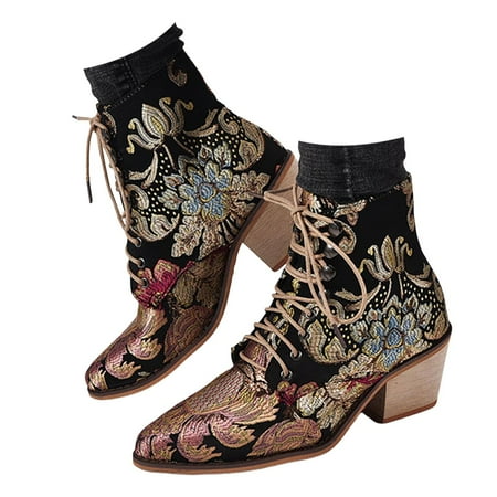 

OJSFQUFP Winter Womens Boots Fashion Autumn and Winter Women Ankle Boots Pointed Toe Heel Lace Up Embroidery Flower Ethnic Style Waterproof Boots for Women Gold 40