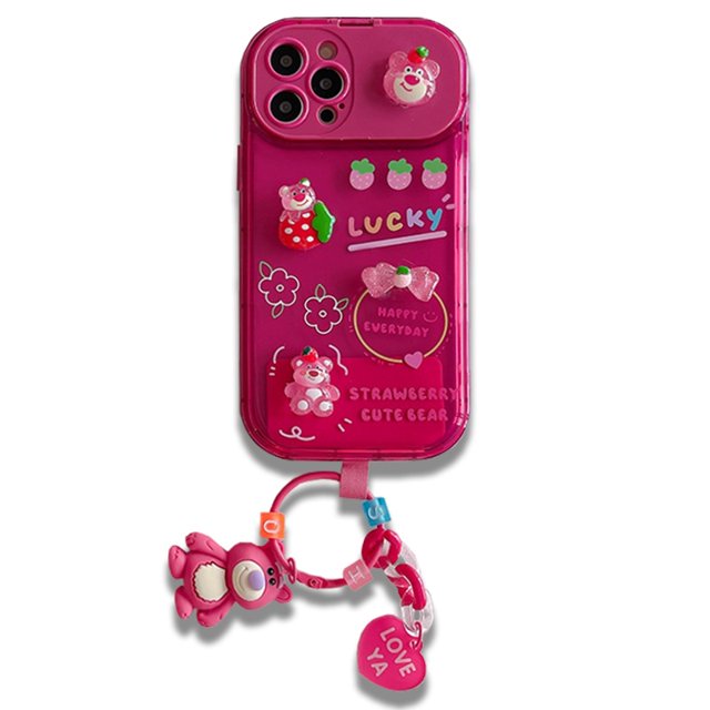 3D Strawberry Cute Bear Alien Invisible Espejo Soporte Funda Para Teléfono Compatible Para iPhone 14 13 12 11 Pro Max Xr Xsmax Con Cadena Móvil Suave TPU Cubierta Trasera Carcasa