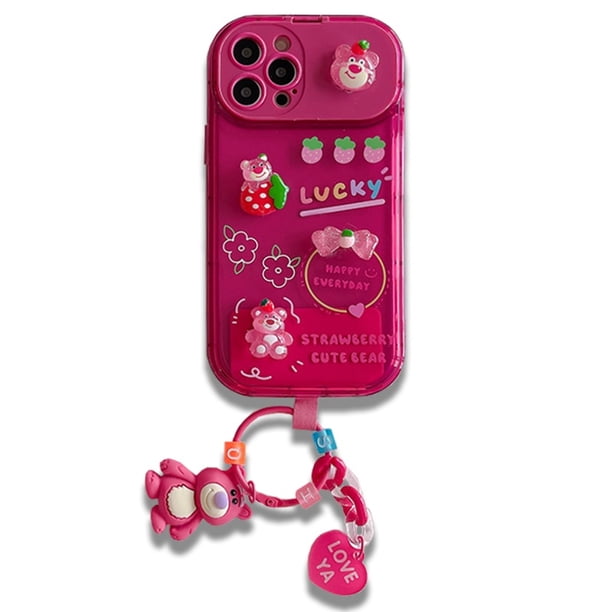 3D Strawberry Cute Bear Alien Invisible Espejo Soporte Funda Para Teléfono Compatible Para iPhone 14 13 12 11 Pro Max Xr Xsmax Con Cadena Móvil Suave TPU Cubierta Trasera Carcasa