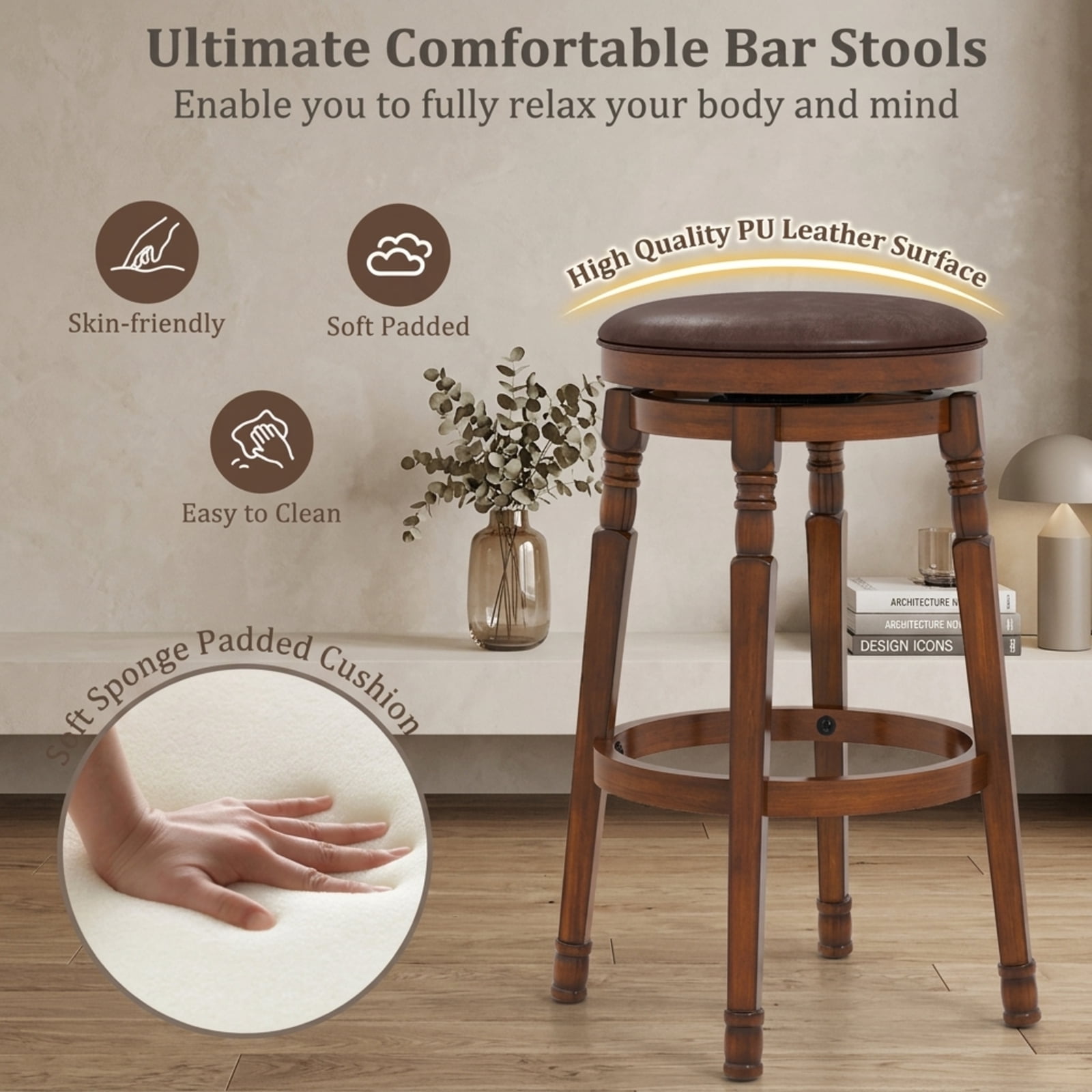 Furnibear Set of 2 29-Inch Swivel Leather Padded Dining Bar Stools for Kitchen Island Counter Bar Pub Dining Home, Walnut