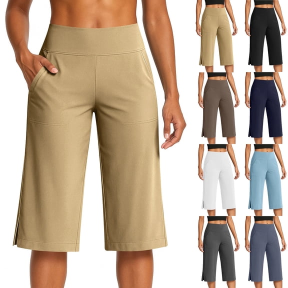 2026 Summer Women Wide Leg Capri Trousers High Waist Stretchy Workout Yoga Pants Casual Athletic Lounge Pants with Side Slits Khaki L