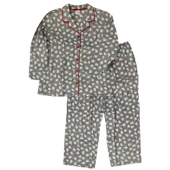Womens Gray Polar Bear Print Flannel Pajamas Sleep Set 3X