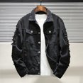thumbnail image 6 of Joernso Jean Jacket Ripped Hole Solid Color Turndown Collar Streetwear Autumn Winter Loose Single Breasted Denim Jacket for Trip, 6 of 8