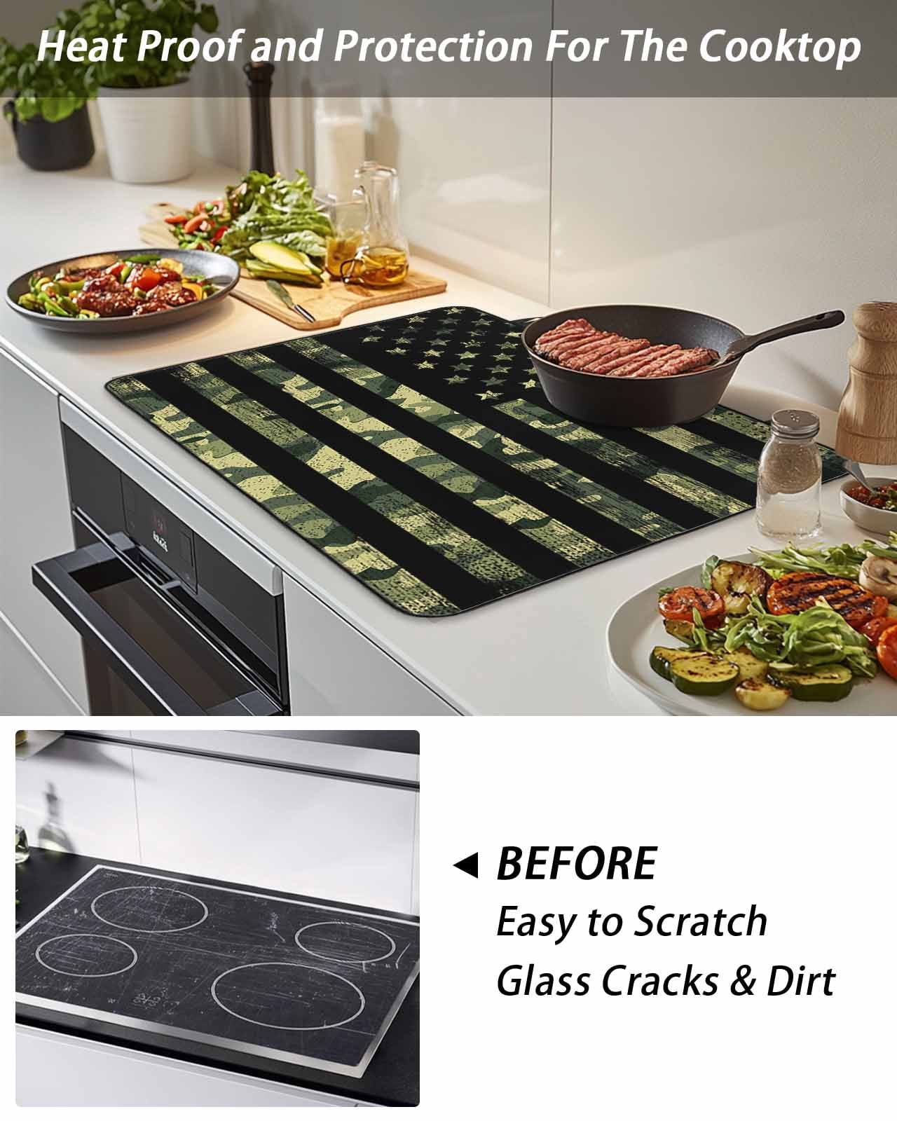 Stove Top Covers for Electric Stove, Green Camouflage American Flag Glass Stovetop Cover Protector, Wooden Grain Induction Cooktop Protector Oven Mat for Kitchen Countertop 24"x21"