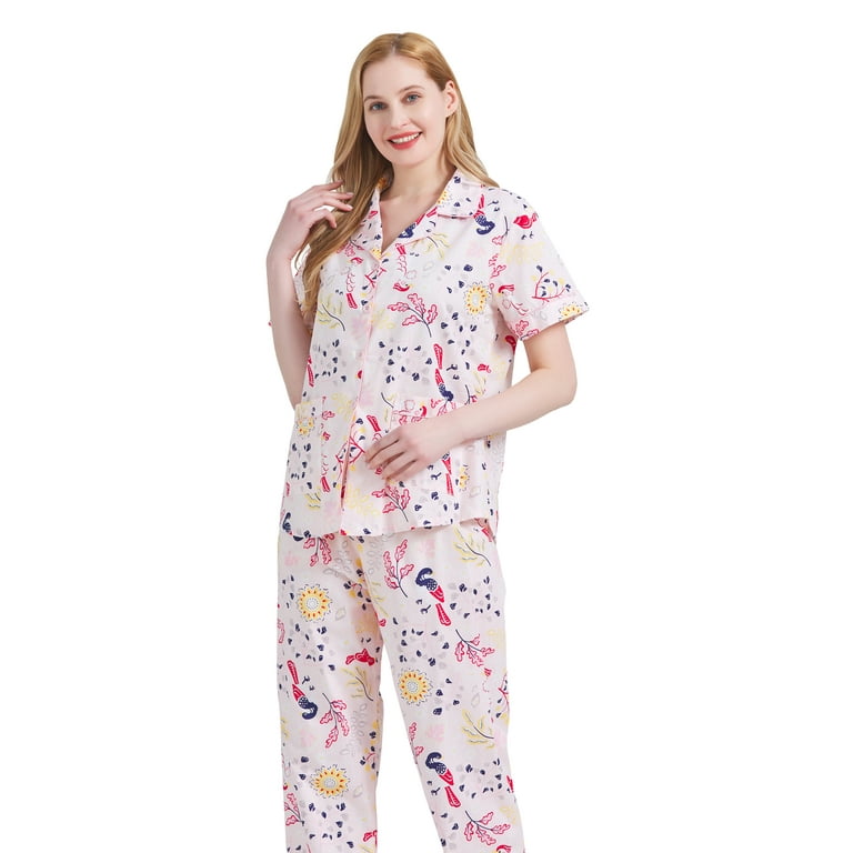 GLOBAL Women 100% Cotton Button Down Short Sleeve Top & Long Pants Summer  Pajama Set with Pockets, 2-Piece, Sizes S to 3XL 