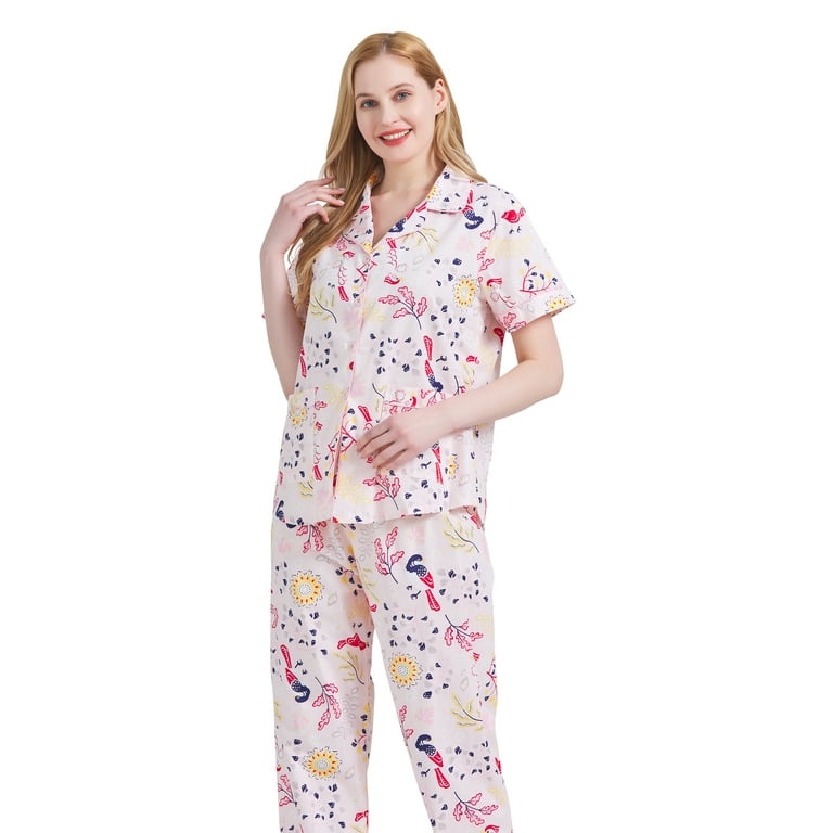 GLOBAL Women 100 Cotton Button Down Short Sleeve Top Long Pants Summer Pajama Set with Pockets 2 Piece Sizes S to 3XL