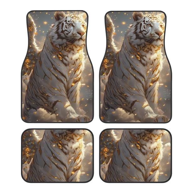 Balery Golden White Tiger Juego de 4 Alfombrillas para Auto, Revestimientos de Caucho Resistente, Diseño Antideslizante
