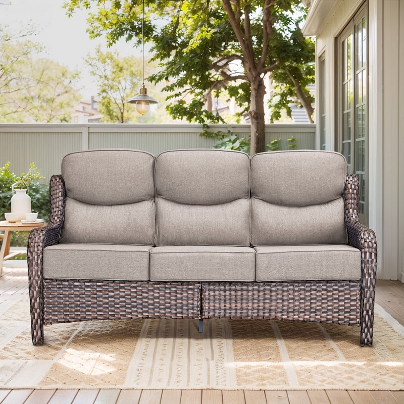 Gymojoy Patio Furniture Sets with Fire Pit Table, 8 Pieces Outdoor Patio Sofa Set with Fire Pit Table, Wicker Rattan Outdoor Conversation Set with Ottoman for Poolside, Backyard