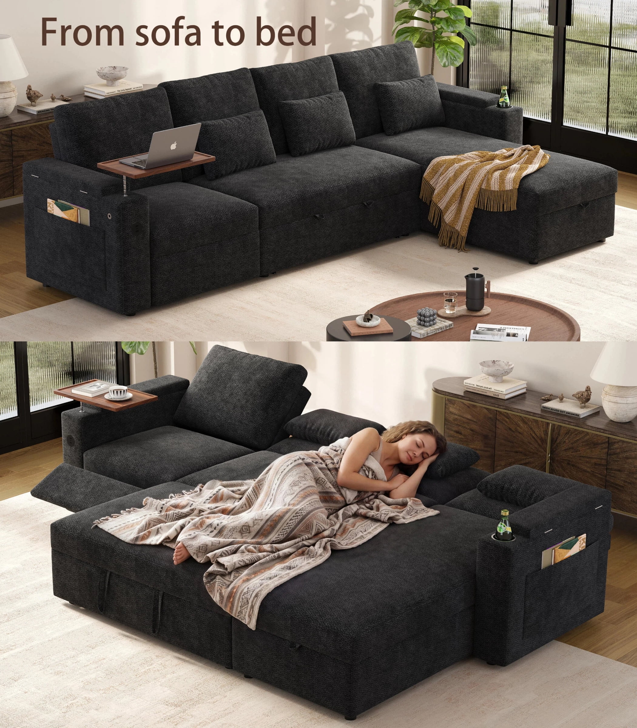 AISWORD 108" 3-in-1 Convertible Pull Out Sofa Bed, 6 Position Adjustable Sleeper Couch with USB Ports, Laptop Table, Cup Holders & Side Storage Pockets, Black