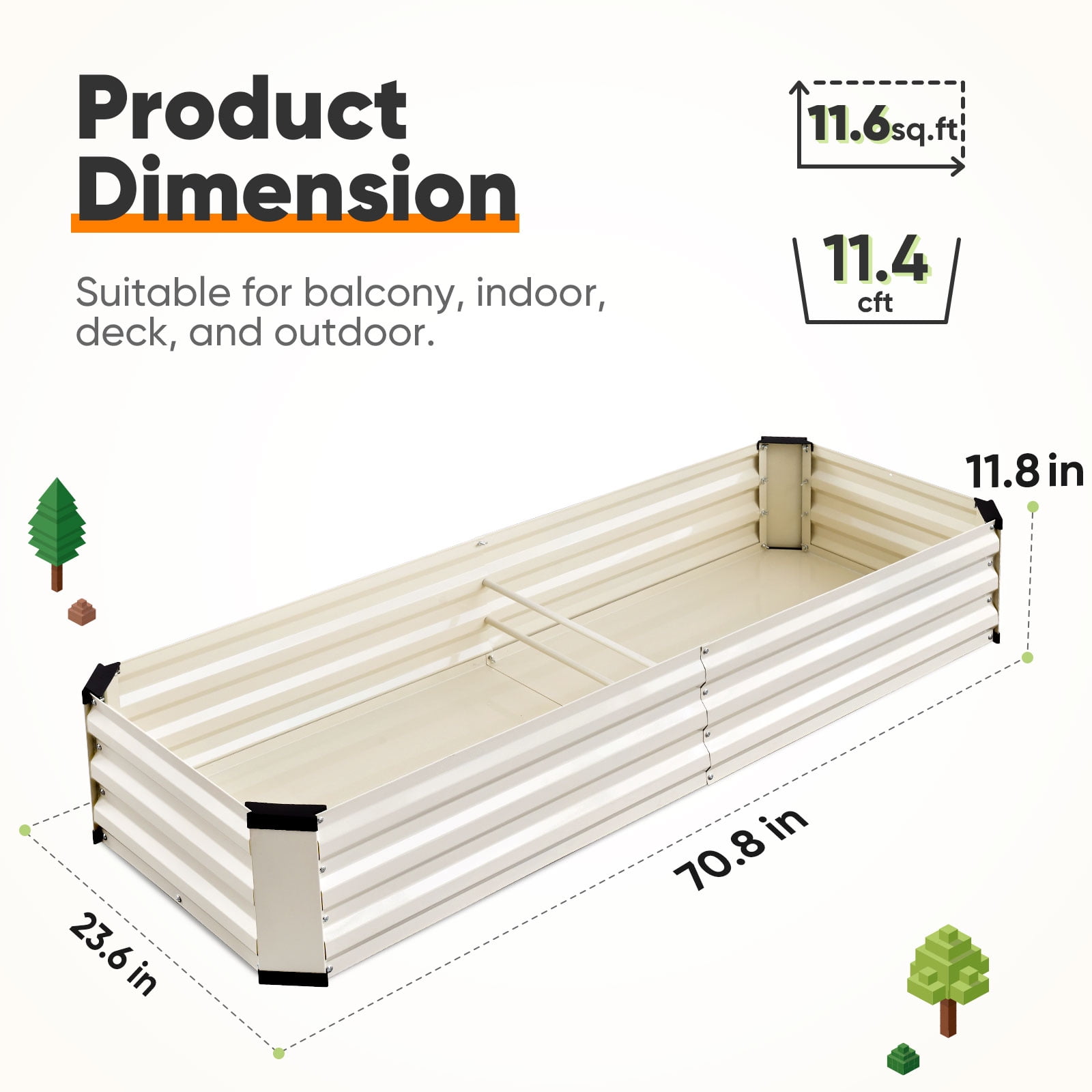 King Bird 6x2x1 ft Galvanized Metal Raised Garden Bed with Bottom Closed - Elevated Planter Box for Indoor, Outdoor, Patio & Balcony Gardening Beige