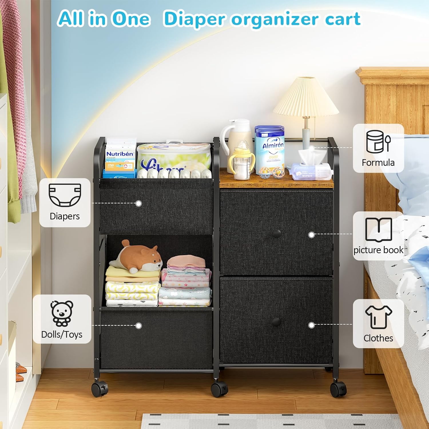 Diaper Caddy Organizer Cart with Drawers and Wheels, 5-Tier Bedside Utility Storage Shelf for Nursery