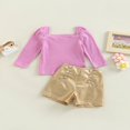 thumbnail image 2 of Toddler Kids Girls 2 Pieces Outfits  Solid Color Knitted Ribbed Puff Long Sleeve Tops + PU Leather Buttons Shorts Set, 2 of 9
