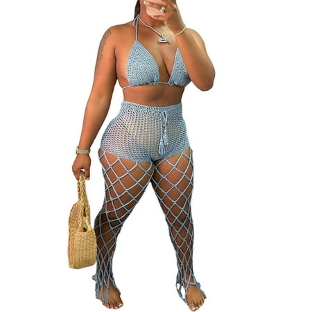 

LSFYSZD 2 Pcs Women Hand-crochet Outfits Tie-up Solid Color Halter Bra + Hollow-out See-through Fishnet Trousers
