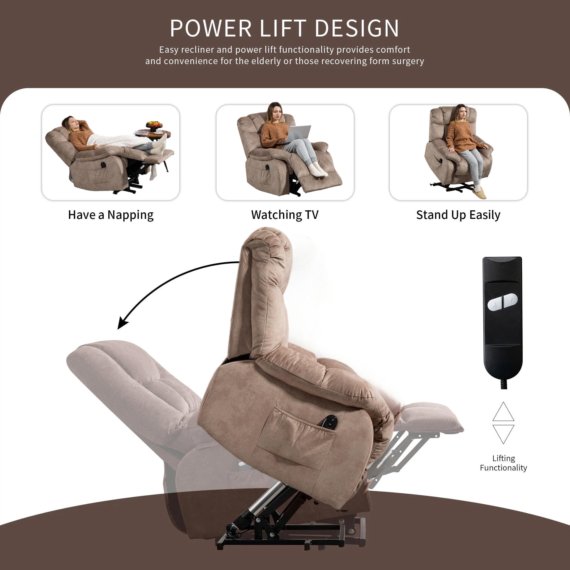 Aukfa Power Lift Recliner Chair Deep Seat Recliners with Infinite Position for Elderly Living Room, Light Camel
