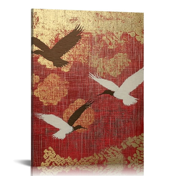 Patifu Birds Red Gold Canvas Art Print for Living Room Bedroom Office Wall Decor, Ready to Hang, High Resolution Image, Handmade 12x16 in
