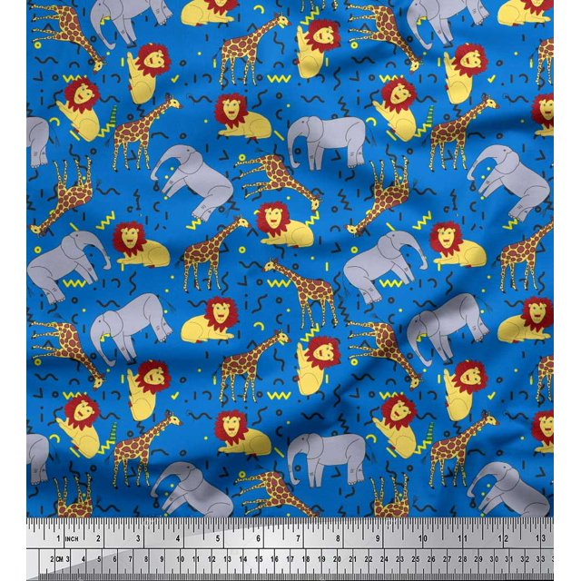 Soimoi Blue Moss Georgette Fabric Lion,Giraffe & Elephant Kids Printed Craft Fabric by The Yard 42 Inch Wide