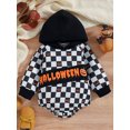 thumbnail image 2 of Baby Boy Romper Halloween Letter Pumpkin Checkerboard Print Long Sleeve Hooded Bottom Snap Jumpsuit, 2 of 9