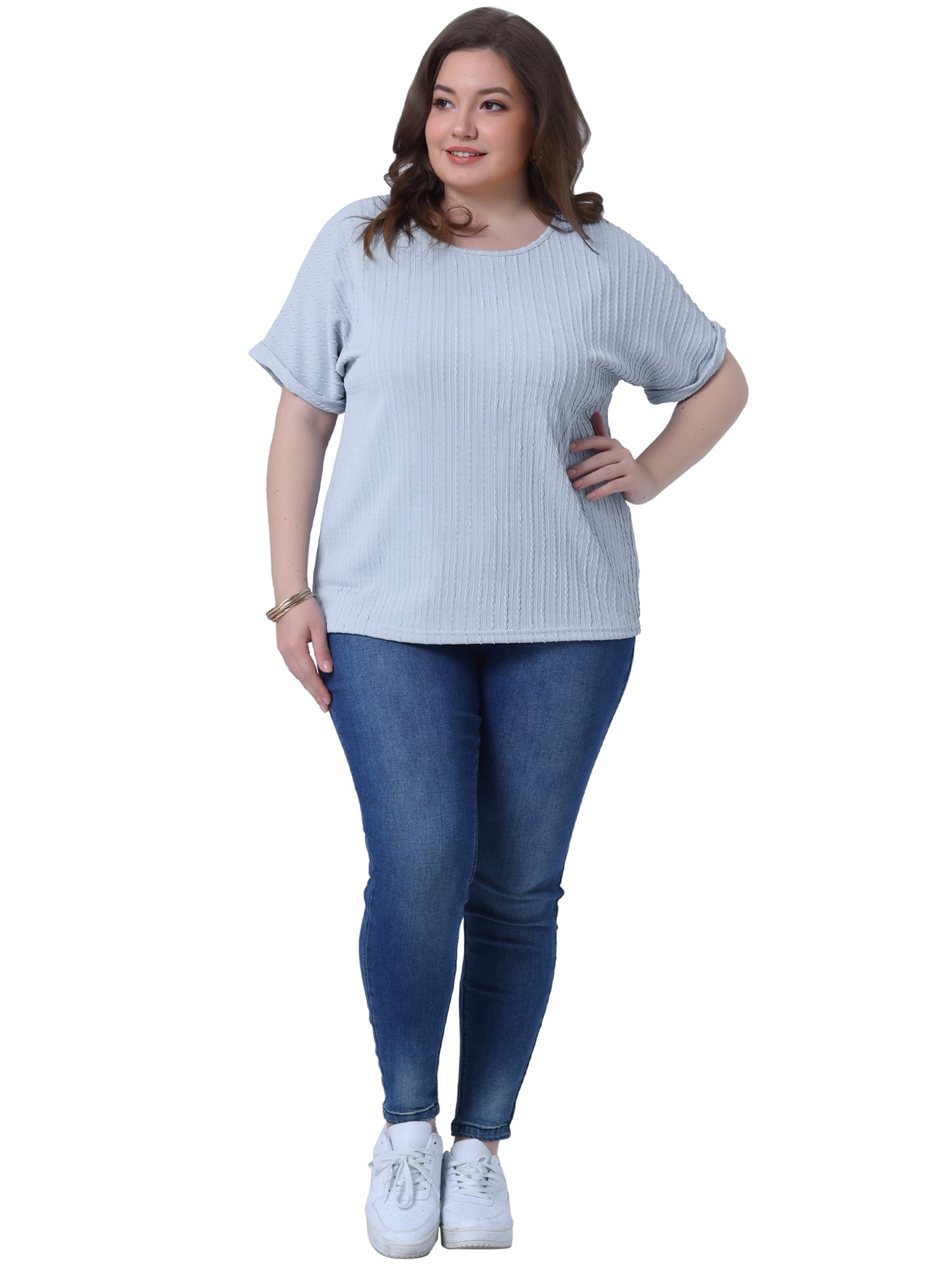 DARING DIVA Women's Plus Textured Rolled Sleeve Tee Crew Neck Blouses 3X Light Blue
