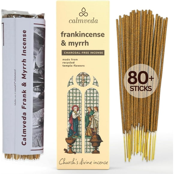 Calmveda Church Frankincense and Myrrh Incense - (80 Sticks) Charcoal Free Incense, Made from upcycled Flowers | Spiritual Healing Frankincense Incense (Encens en Baton)