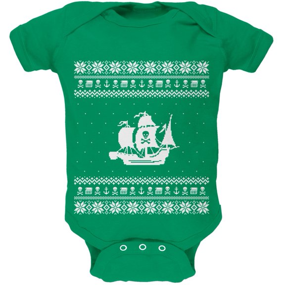 Pirate Ship Ugly Christmas Sweater Green Baby One Piece - 18-24 months