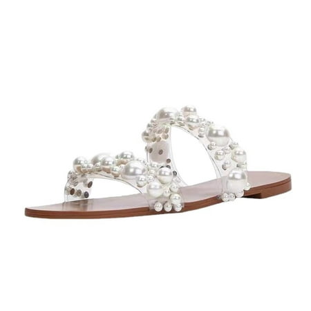 

QISIWOLE Sandals Women Round Toe Flip Flops Beach Slippers Summer Pearl Flat Shoes Deals