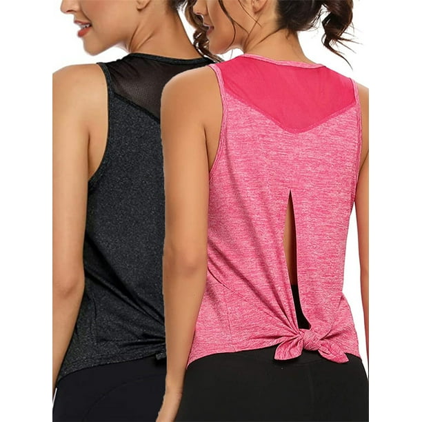 MAWCLOS Women Open Back Workout Tank Mesh Stitching Tops 2 Pack