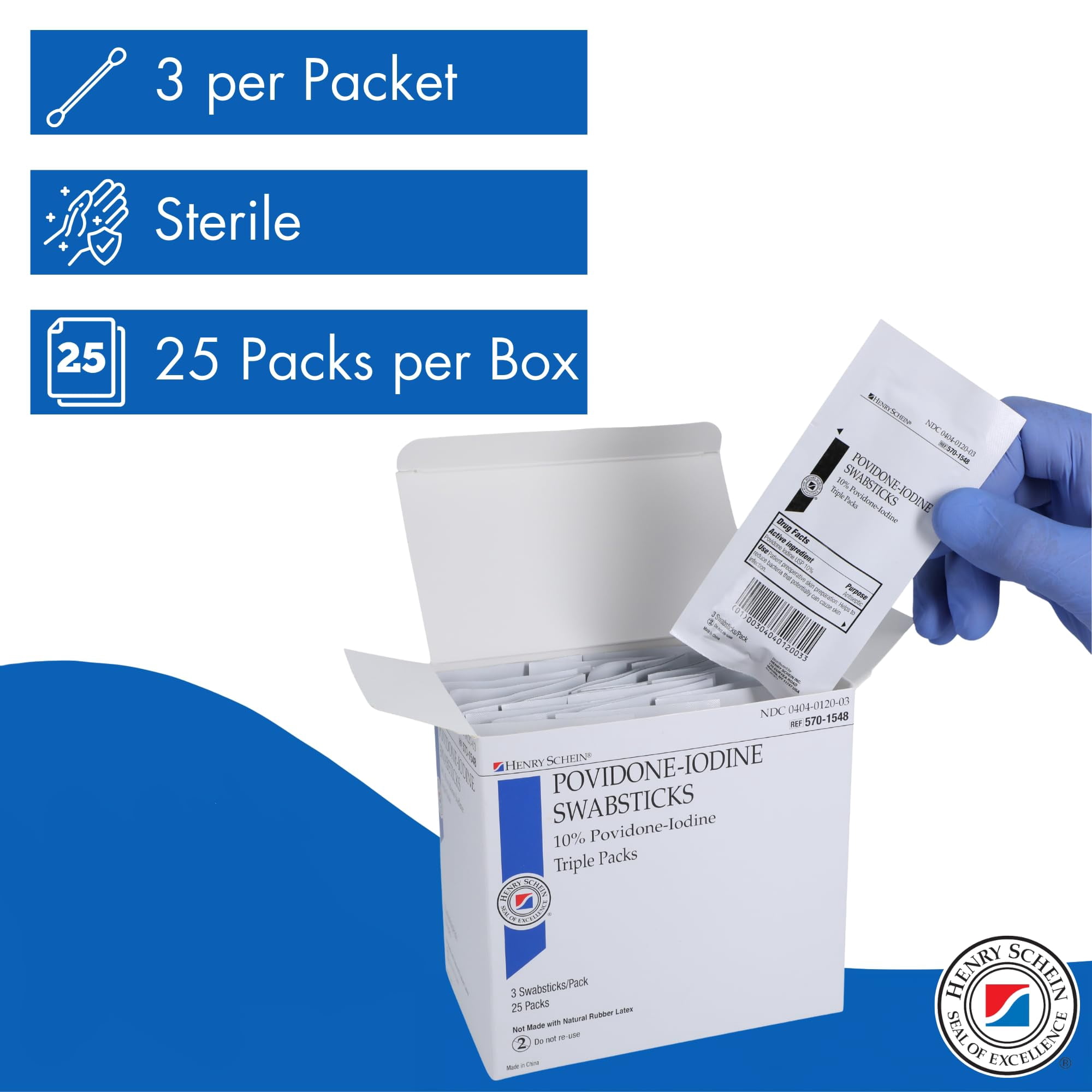 Henry Schein Prep Povidone-Iodine Swabsticks, Individually Packed, Sterile, 10% Povidone-Iodine Cotton Swabs, 25 Count (Pack of 2)