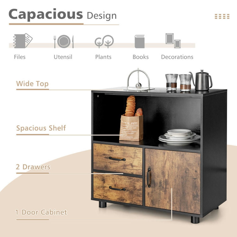 Demi Bonn 2-Drawer Wood File Cabinet, Kitchen Storage Buffet Sideboard with Door, Black