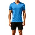 thumbnail image 3 of SGFCWSX Mens Soccer Set 2 Piece Striped V Neck Quick Dry Short Sleeve Shirt and Shorts Football Training Athletic Outfit Blue Size L, 3 of 10