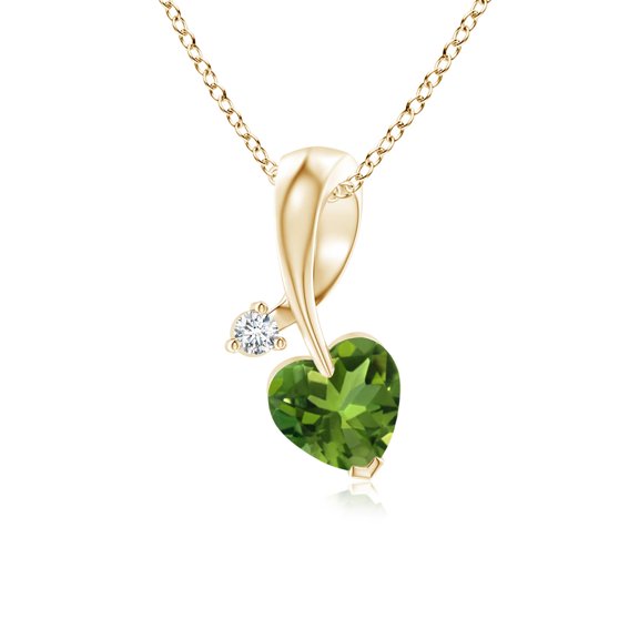 ANGARA Natural Heart-Shaped Peridot Ribbon Pendant with Diamond in 14K Yellow Gold for Women (Size-5mm) | August Birthstone, Birthday, Anniversary, Jewelry Gift for Women | Natural Peridot Necklace