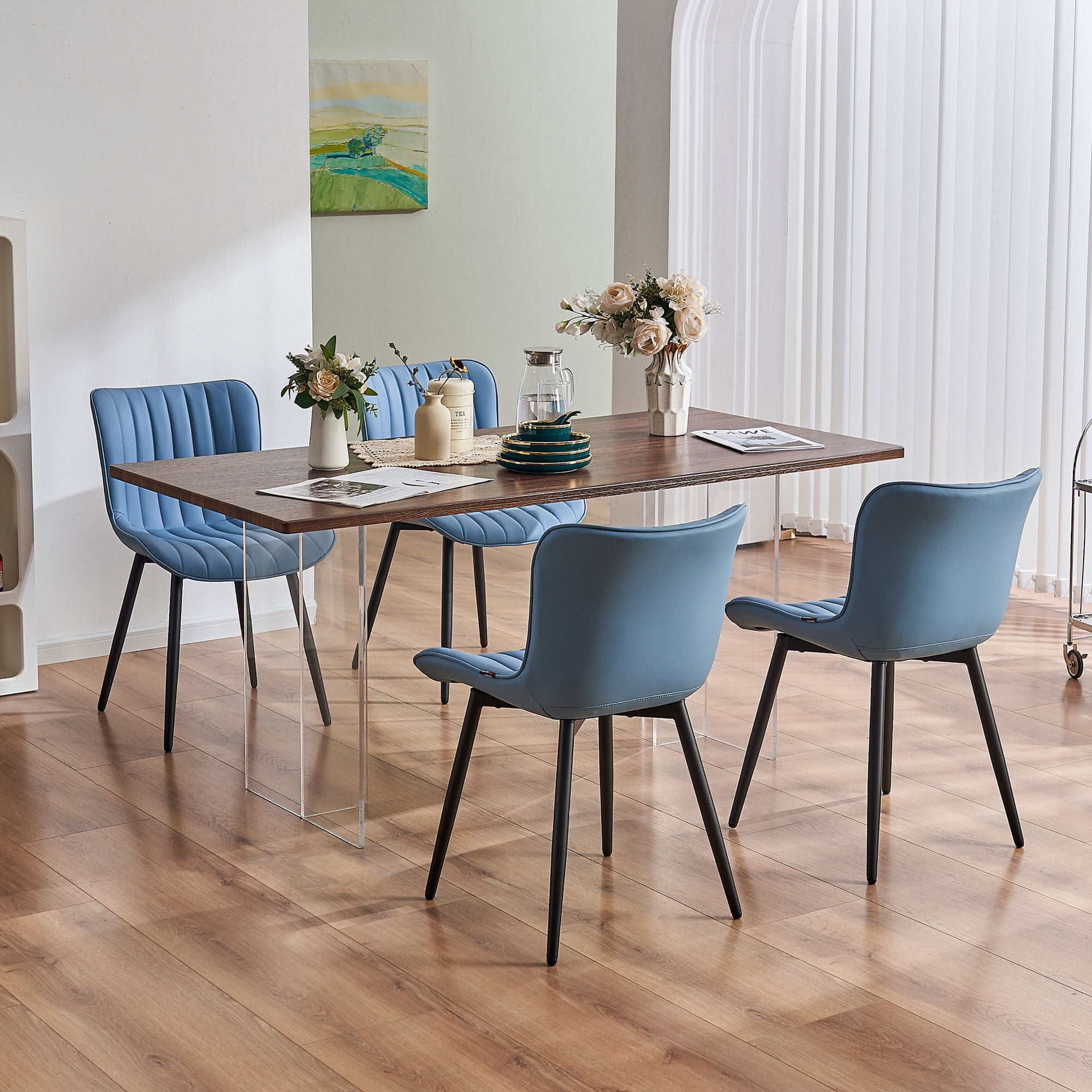 YOUNIKE Soft Dining Chair Set of 2 Faux Leather Upholstered Wide Back Kitchen Chair, Blue